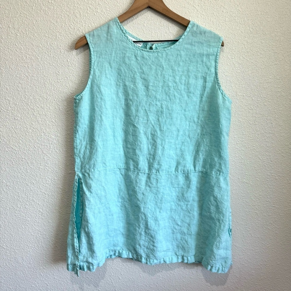 Bryn Walker Womens Medium Aqua Blue 100% Linen Sleeveless Tunic Top Made in USA